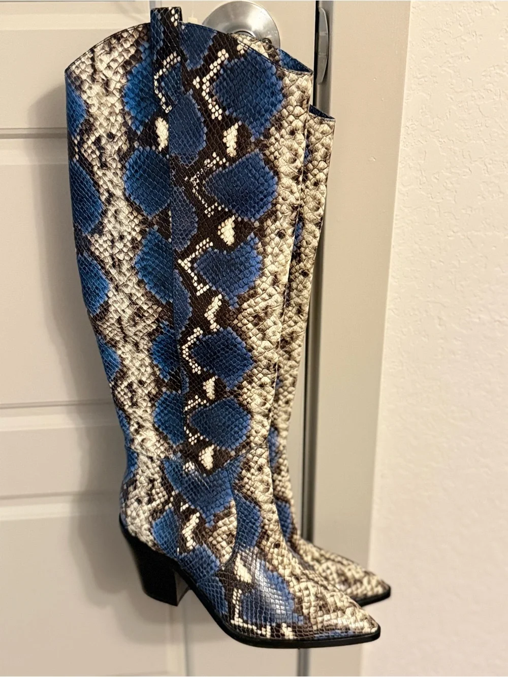 Gianni Bini Blue and Neutral Snake-Print Over-the-Knee Boots